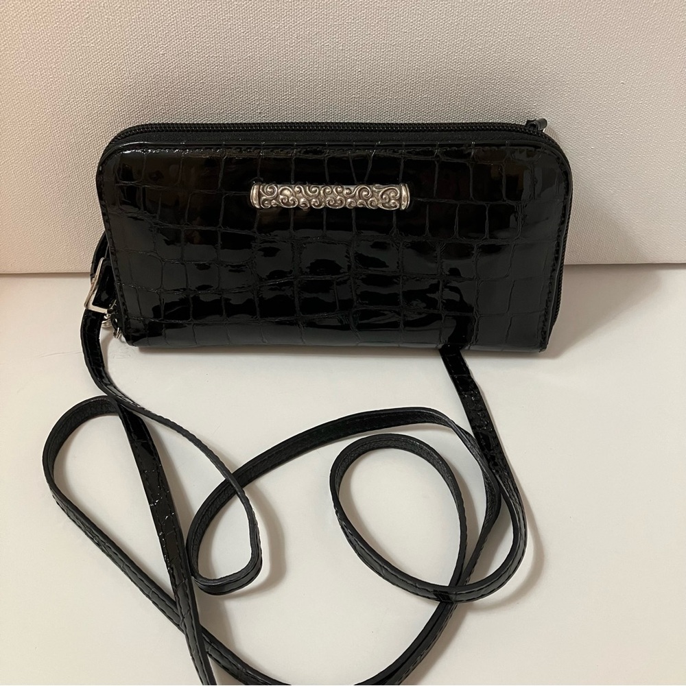 Brighton leather crossbody wallet. Black patent croc design. Excellent condition